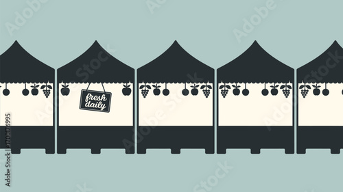 Illustration of market stalls with fruit decorations and a fresh daily sign in black and white