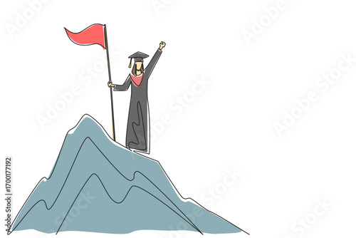 Creative single line drawing of a young woman graduate on a mountain peak waving a flag of triumph, celebrating knowledge, ambition, and success for National Higher Education Day design.