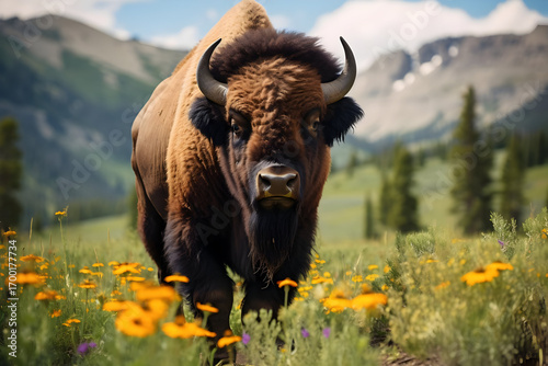 Majestic Brown Bison in a Mountain Wildflower Meadow