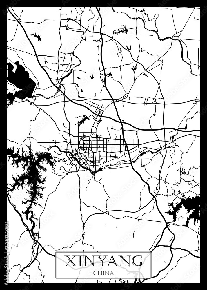 Obraz premium Xinyang China City Street Map. City downtown, abstract travel art, modern background, colorful graphic design, new office banner, art, street view paint