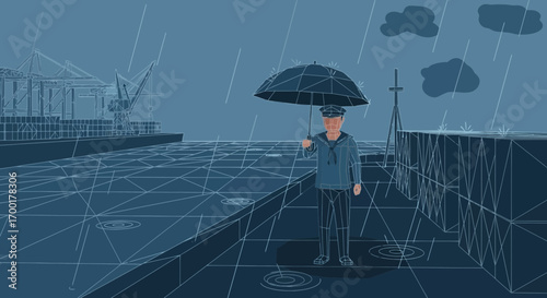 Naval officer standing with umbrella on a rainy day at a cargo port facility