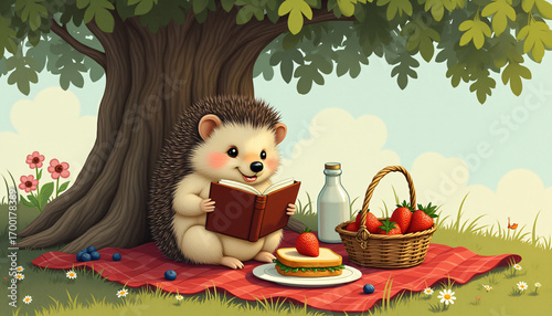 Hedgehog reading book under tree