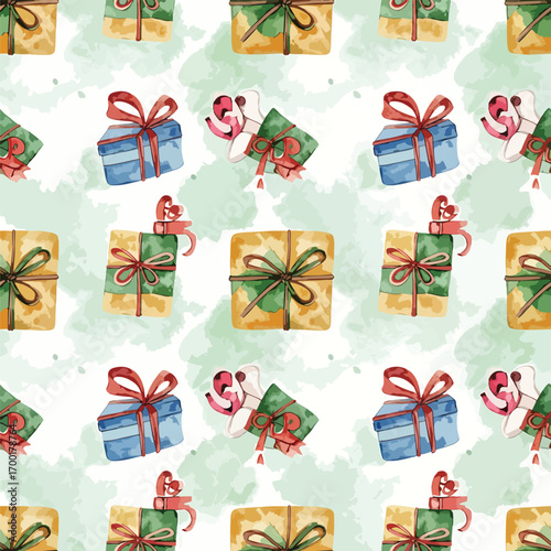 Festive watercolor gift boxes seamless pattern for Christmas holiday season, seamless pattern, Stock royalty.