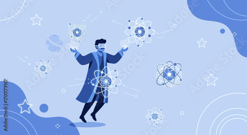 Scientist manipulates atoms illustration representing science education and innovation