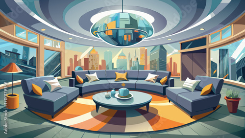 Beautiful panoramic 360-degree view of a stylish living room with charcoal gray modular seating, glass coffee table, abstract artwork, and soft lighting, exuding urban chic and understated sophisticat