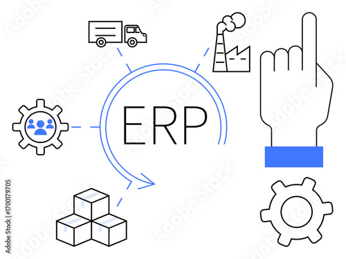 Central ERP text connects to gear, team, factory, truck, cubes, and hand depicts process automation and integration. Ideal for business, management, logistics efficiency planning technology
