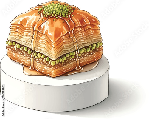 Illustration of a piece of baklava with pistachios and syrup on a white pedestal.
