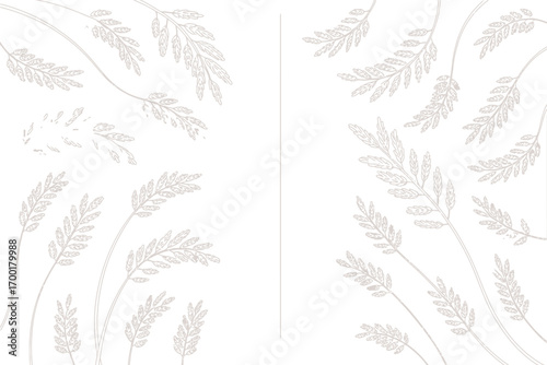 Delicate white floral pattern with sprigs and leaves on a white background symmetrical arrangement