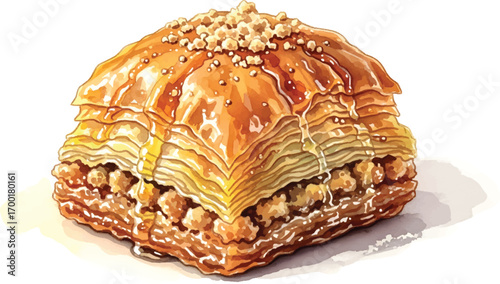 A close-up illustration of a single square piece of baklava with nuts on top.