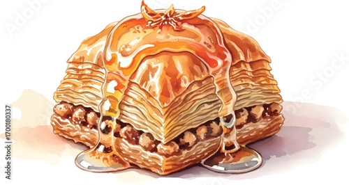 Illustration of a square baklava pastry with nuts and dripping honey.