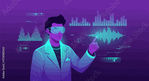 Futuristic doctor interacting with holographic data interface in a vibrant digital world