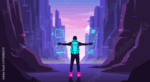 Futuristic explorer in neon landscape navigating with advanced holographic interfaces