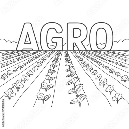 Giant agro word overlooking a lush field of crops