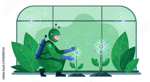 Futuristic farming: Astronaut cultivating genetically modified plants in a greenhouse environment