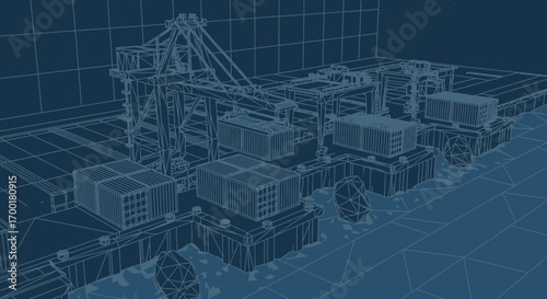 Schematic illustration of a cargo port with containers and cranes rendered in blue lines on a grid