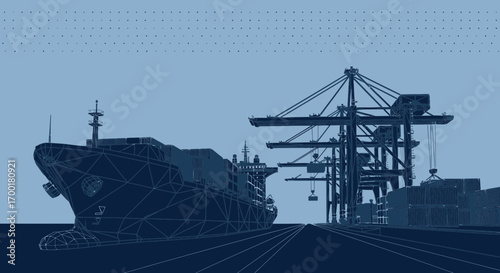 Schematic illustration of a cargo ship in a dockyard showcasing global trade and supply chain
