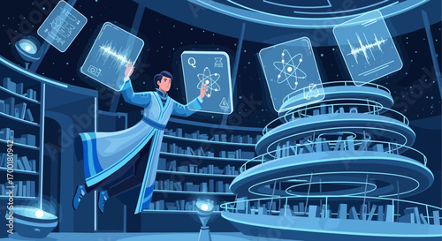 Futuristic librarian managing digital resources in a virtual library with modern technology