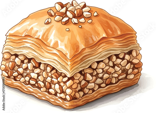 Illustration of a piece of baklava, a sweet pastry made of layers of filo filled with chopped nuts and sweetened with syrup or honey.