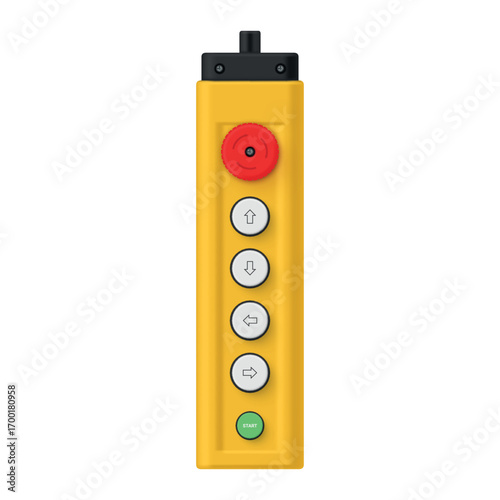 Illustration of a crane remote control with buttons for control and start, for safety and ease of use in construction conditions.