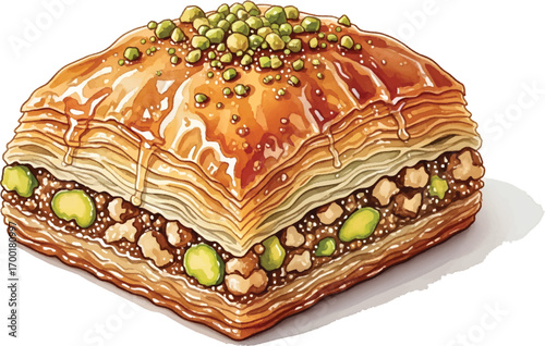 Illustration of a piece of baklava, a sweet pastry made of layers of filo filled with chopped nuts and sweetened with syrup or honey.