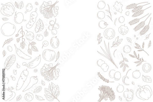 Outline drawing of fruits and vegetables arranged on both sides of a white background space