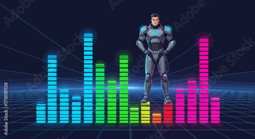 Futuristic hero character standing on digital equalizer platform in a virtual landscape