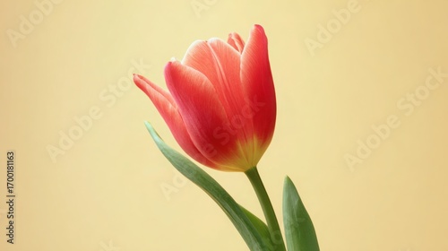 A single vibrant red tulip in full bloom against a beige background, symbolizing celebration.