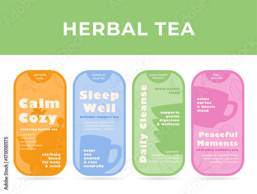 Collection of herbal tea labels featuring calming blends for wellness and relaxation for various moments throughout the day