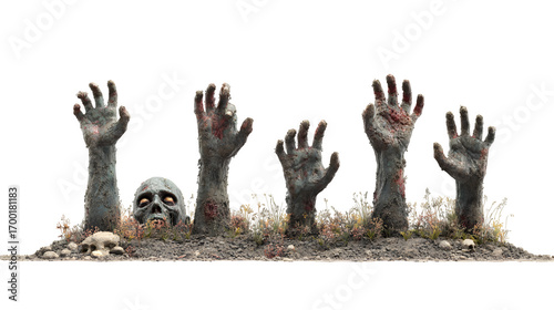 HD realistic clipart set of zombie hands emerging from the ground isolated on white background