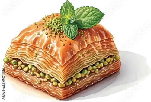 A piece of baklava with layers of filo pastry, nuts, and syrup, garnished with mint.