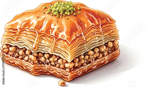 Illustration of a piece of baklava, a rich, sweet pastry made of layers of filo filled with chopped nuts and sweetened with syrup or honey.