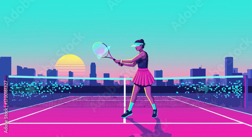 Vaporwave Tennis Player Ready to Serve Against a Retro Cityscape Backdrop at Sunset