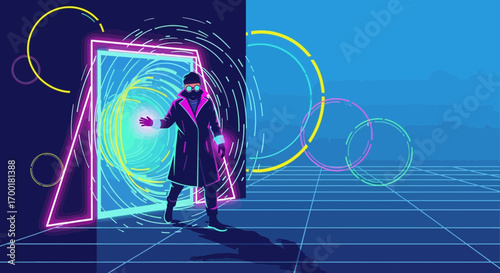 Futuristic portal with a mysterious figure entering, showcasing neon and digital elements