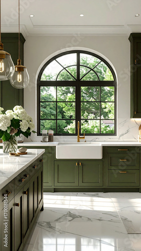 Spacious Green Kitchen with White Marble Floors and Arched Window