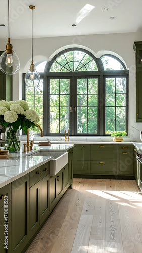 Contemporary Kitchen with Multi-Panel Arched Window and Island