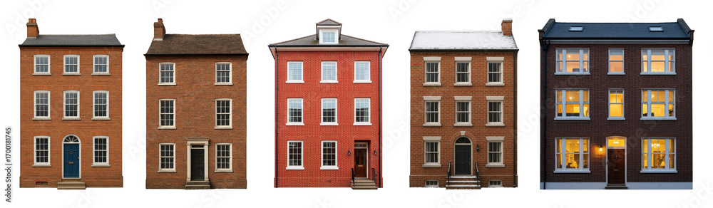 Fototapeta premium Brick house set including five distinct styles, colors, and details isolated. Architectural elements for residential and urban design.