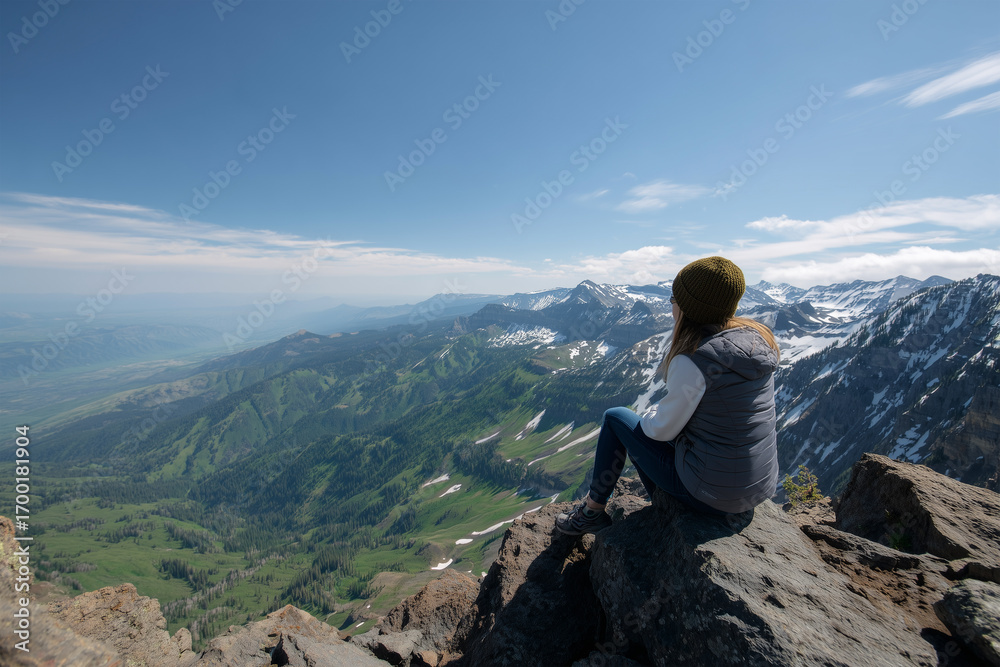 Obraz premium Person enjoys breathtaking mountain view on a sunny day