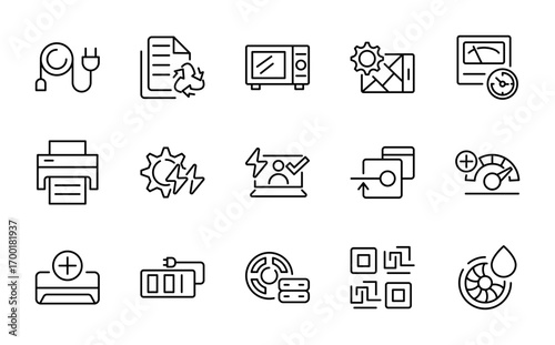 Electronic Device line icon set. Includes laptop, tablet, smartphone, drone, computer monitor, technology, TV, camera, CCTV outline icons collection. UI thin line icon pack.