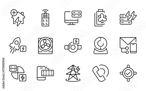 Electronic Device line icon collection. Includes laptop, tablet, smartphone, drone, computer monitor, technology, TV, camera, and CCTV line icon set.