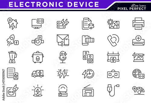 Electronic Device line icon set. Includes laptop, tablet, smartphone, drone, computer monitor, technology, TV, camera, CCTV outline icons collection. UI thin line icon pack.