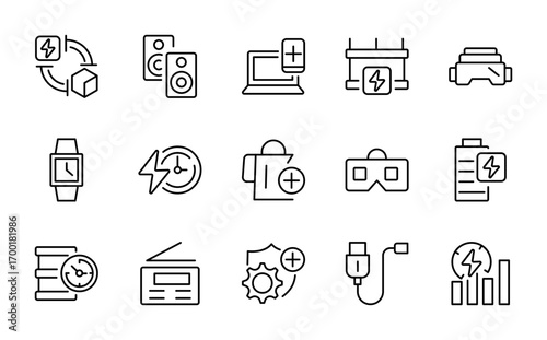 Electronic Device linear icon set. Includes laptop, tablet, smartphone, drone, computer monitor, technology, TV, camera, and CCTV line icon set.