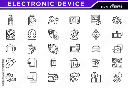 Electronic Device line icon set. Includes laptop, tablet, smartphone, drone, computer monitor, technology, TV, camera, and CCTV vector illustration. Editable stock