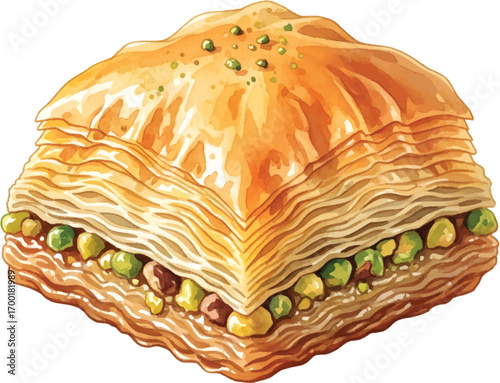 Illustration of a square piece of baklava with layers of pastry and nuts.