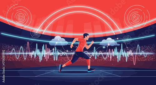 Futuristic running concept showcasing performance tracking and health data visualization