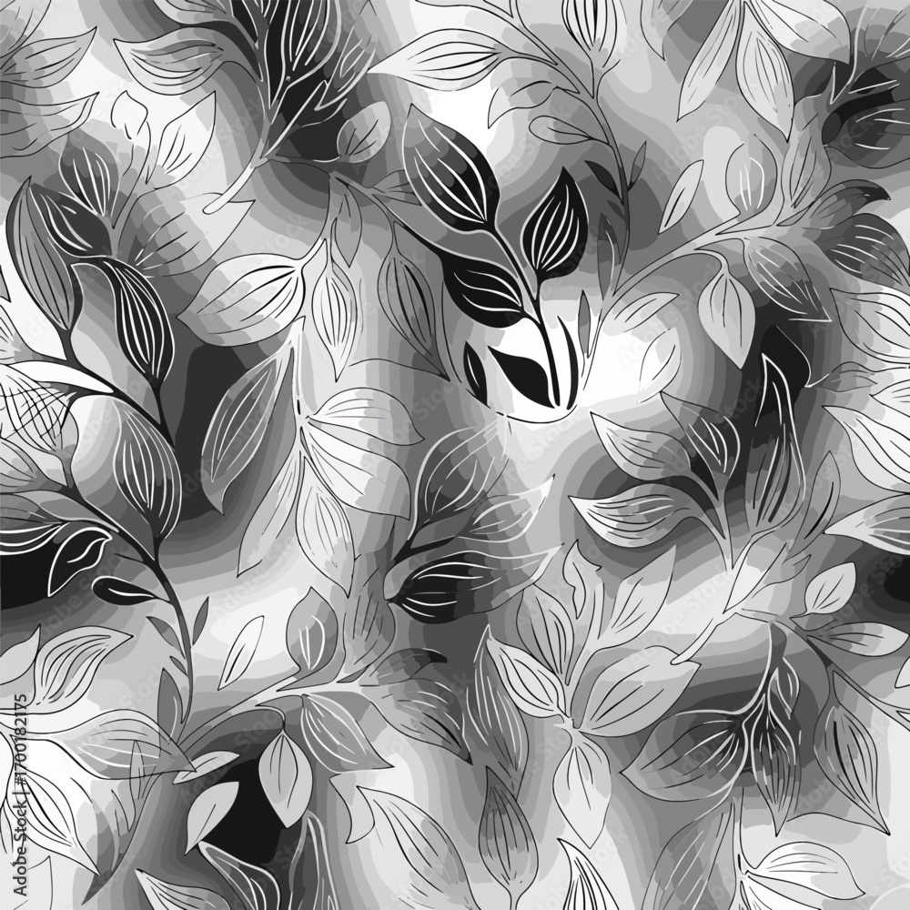 Gray scale floral pattern with detailed leaves and branches seamless background, seamless pattern, royalty stock.