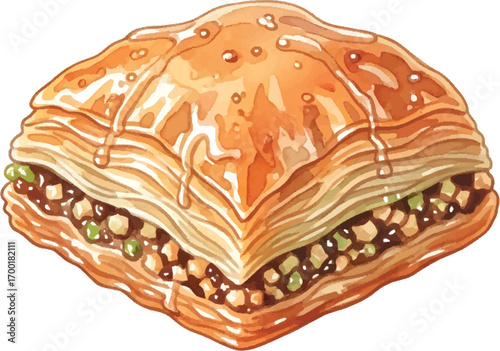 Watercolor illustration of a piece of baklava with layers of pastry and nuts, drizzled with syrup.