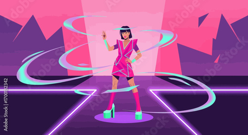 Stylish singer performance illustration with vibrant colors and neon lights design elements