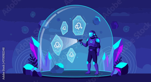 Futuristic Spaceman Exploring Crystal Formations Under a Protective Dome in Space Ambience