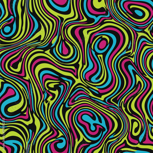Groovy psychedelic background with fluid distortion effect in vivid colors, seamless pattern, Stock royalty free image.
