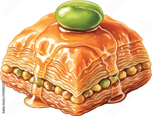 Illustration of baklava with pistachio, drizzled with syrup.
